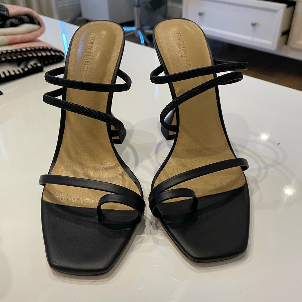 Tony Bianco Black Strappy Square-Toe Sandal Heels
